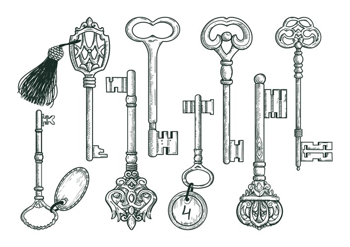 Hand drawn keys vintage sketch set Vector Image