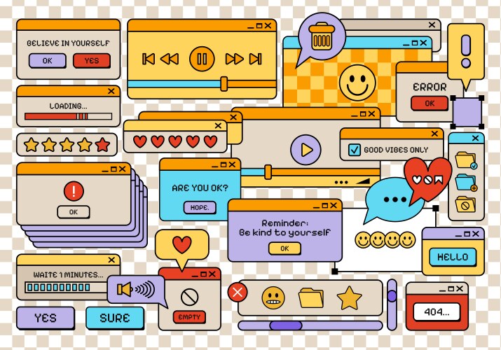 Retro style y2k ui and ux elements icons set vector image