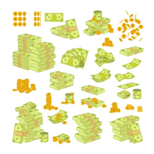 Money Stack & Coins - Diverse Currency Set Vector Image
