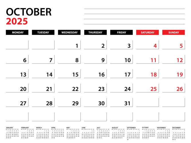 october 2025 year planner template calendar vector image