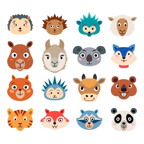 Cute Baby Animal Faces Collection Vector Image