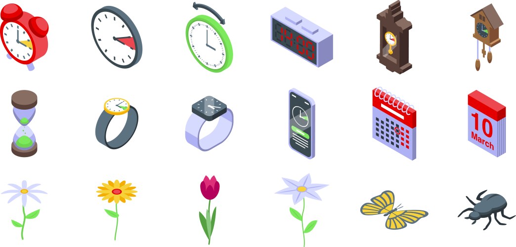 Spring forward icons set time passing concept vector image