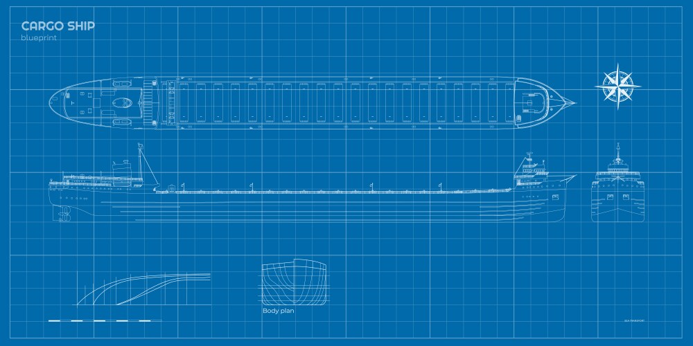 Outline cargo ship blueprint front side and top vector image