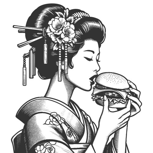 Geisha with Burger - Engraving Vector Image