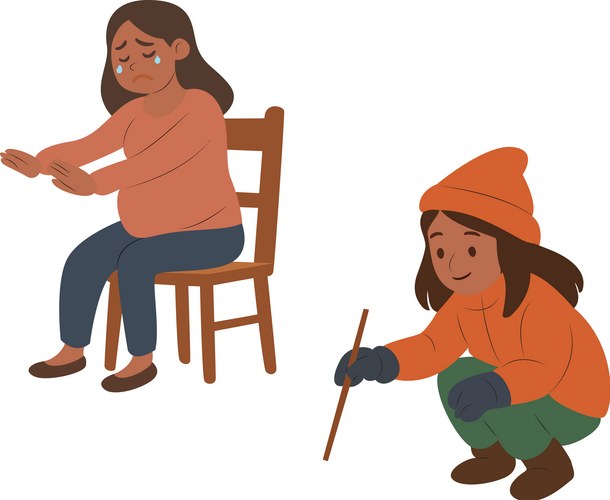 Two cartoon women one sad and drawing Vector Image