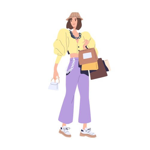 Woman consumer carrying many shopping bags buyer vector image