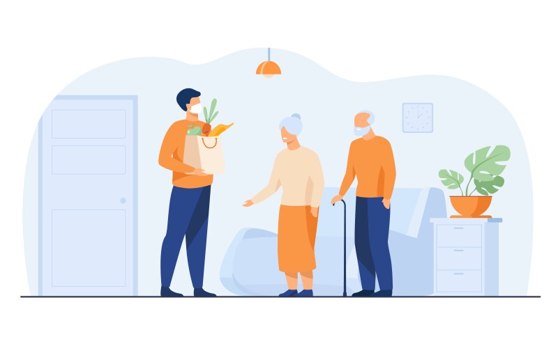 volunteer assisting an elderly person with their groceries depicting community support