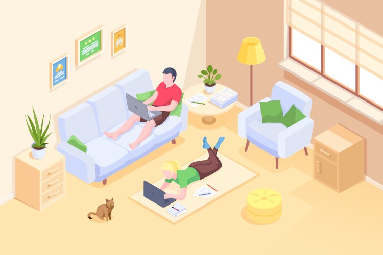 Couple working home online freelance isometric vector image