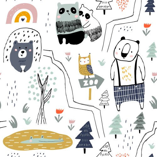 Seamless woodland pattern with cute animal faces Vector Image