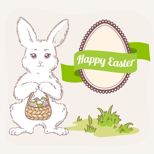 easter bunny with basket egg label and ribbon vector