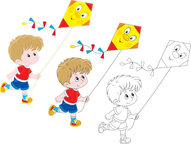Boy plays with a kite in the park Royalty Free Vector Image