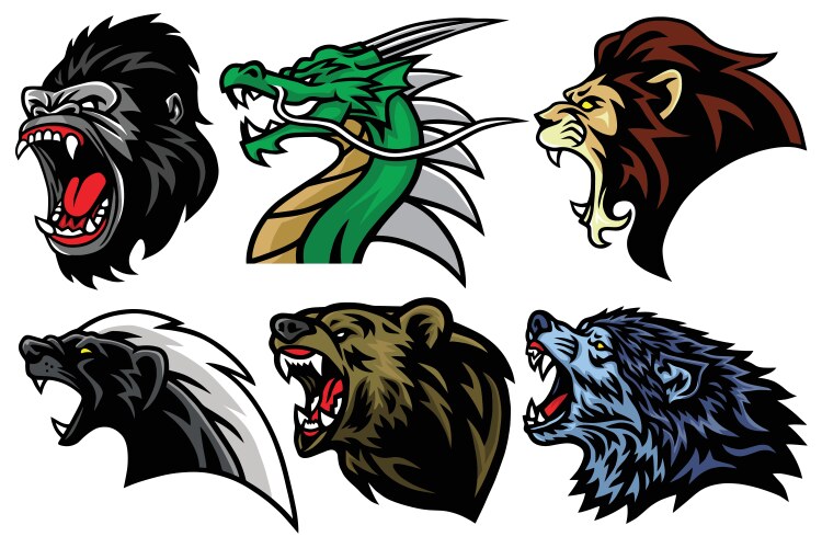 Wild Animal Head Set - Lion, Bear, Dragon Vector Image