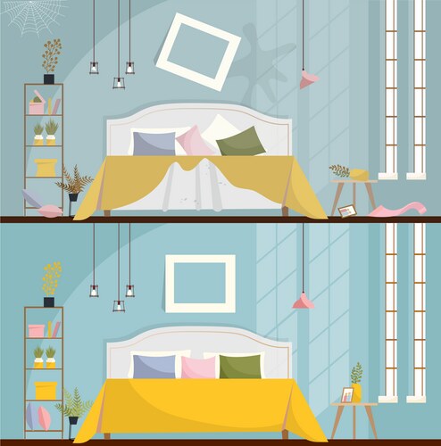 Bedroom before and after cleaning dirty room vector image