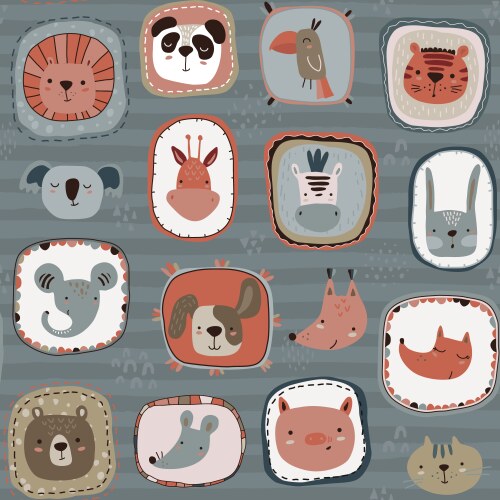 Collection cute hand drawn animal faces Royalty Free Vector