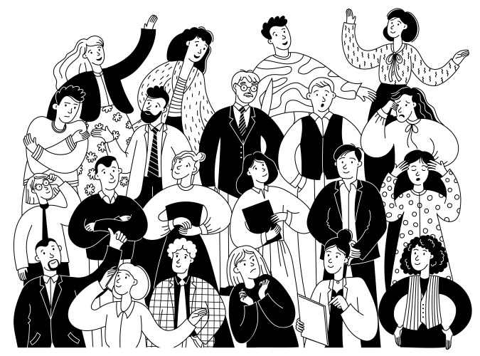 Doodle crowd people group talking and discussing Vector Image