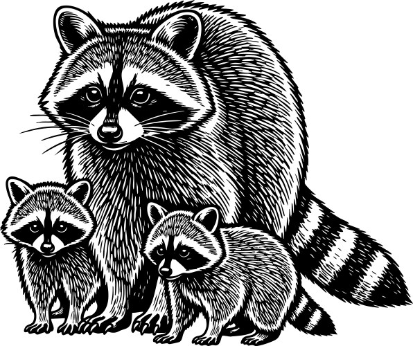 Raccoon family with a parent and two babies Vector Image