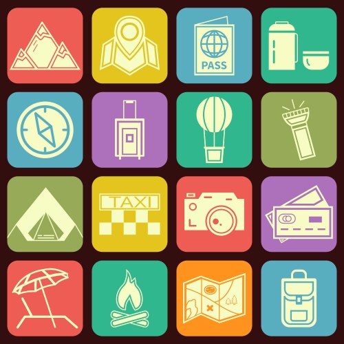 Modern flat traveling and camping icons vector image