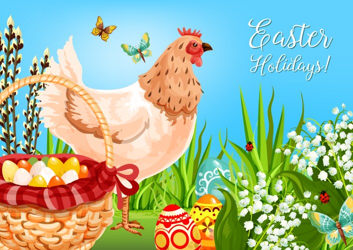 Easter Chicken with Eggs Greeting Card Vector Image