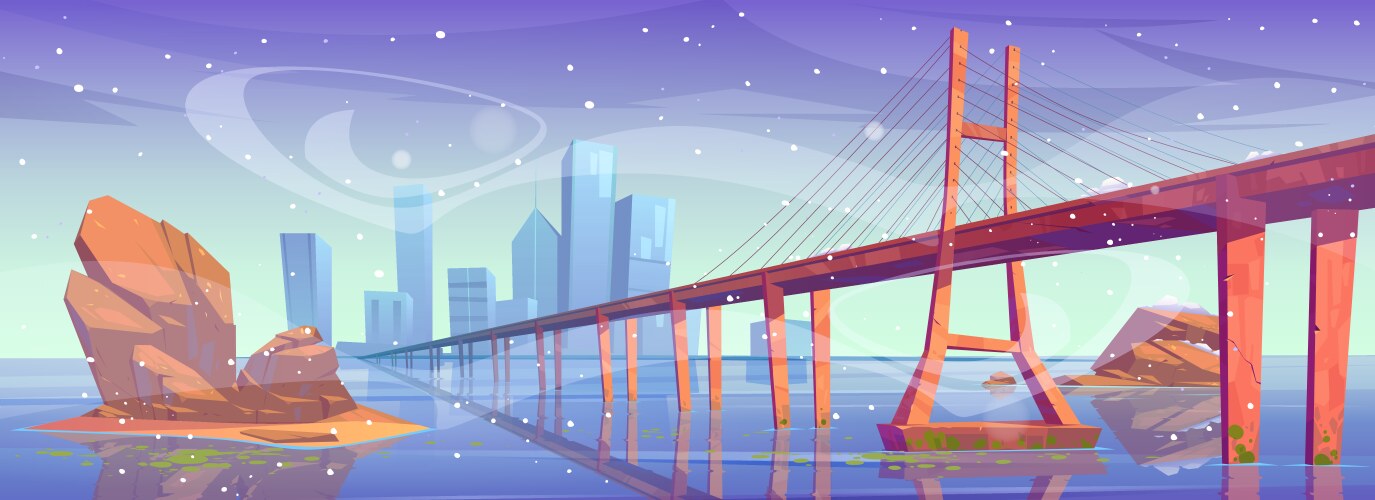 Winter city skyline with bridge frozen water bay vector image