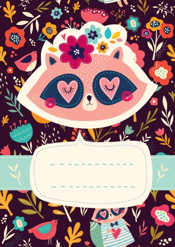 Raccoon Floral Card Vector Image