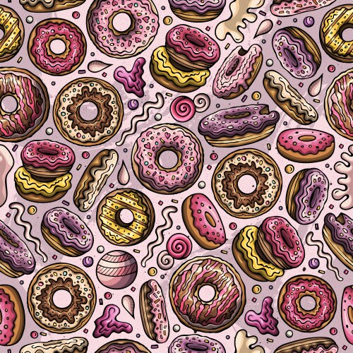 cartoon hand-drawn donuts seamless pattern vector image