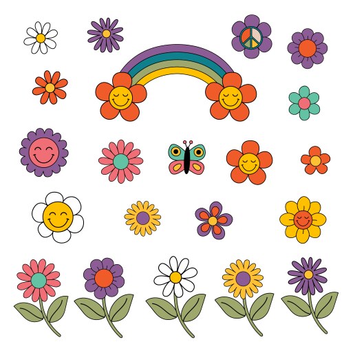 set of isolated retro groovy flowers rainbow vector