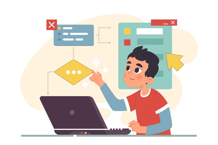 Little boy programming and coding computer vector image