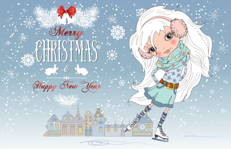 Winter Skating Girl Christmas Card Vector Image