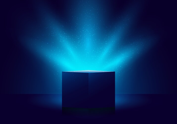 3d blue mystery box with illuminated lighting vector image