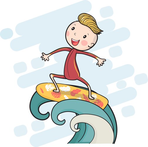 Cute drawing surf boy on surfboard floating Vector Image