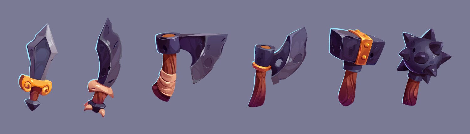 weapon icons of axe mace sword dagger hammer vector