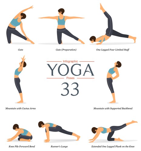 8 yoga poses or asana posture in flat design vector image