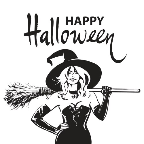 Beautiful sexy witch holding broomstick happy vector image