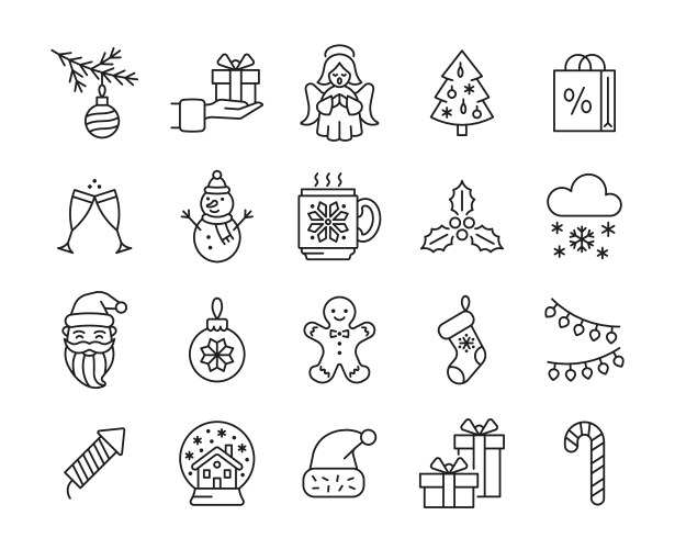 merry christmas flat line icon set vector image