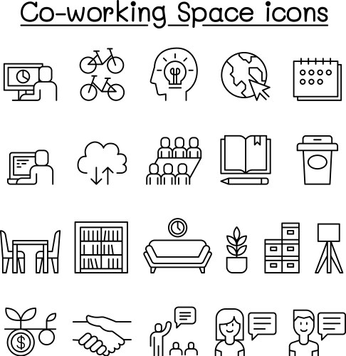 co-working space icon set in thin line style vector image