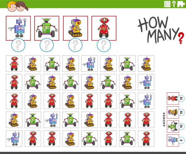 how many cartoon robot characters counting game vector