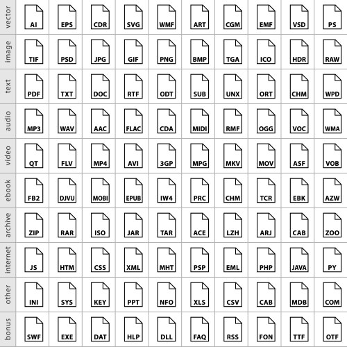 Set file types icons in flat style vector image