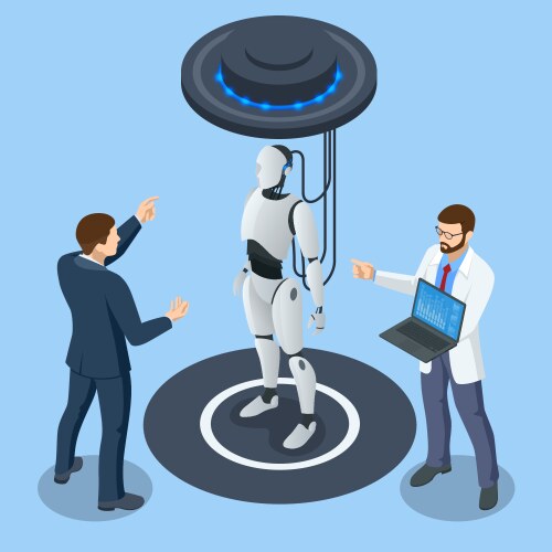 Isometric robot analyzes database artificial vector image
