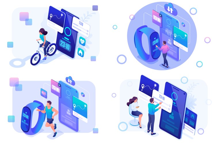 Set isometric mobile apps track workouts running vector image