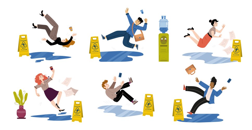 People slip and fall down on wet floor Vector Image