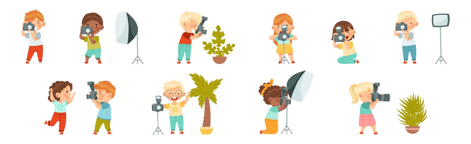 Cute little boy and girl with camera taking Vector Image