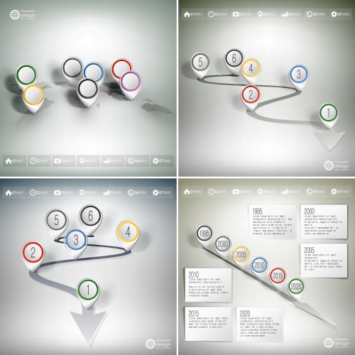 Timelines set and world map with pointer marks vector image