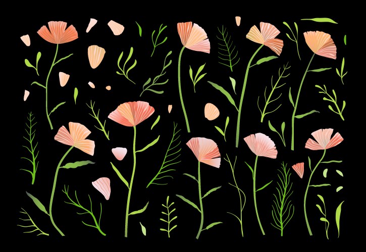 collection flowers pink and green isolated vector