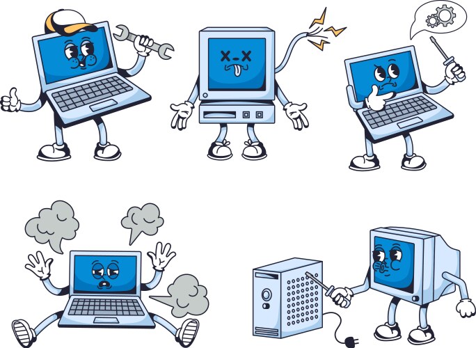 Computer service mascot laptop repair character vector image