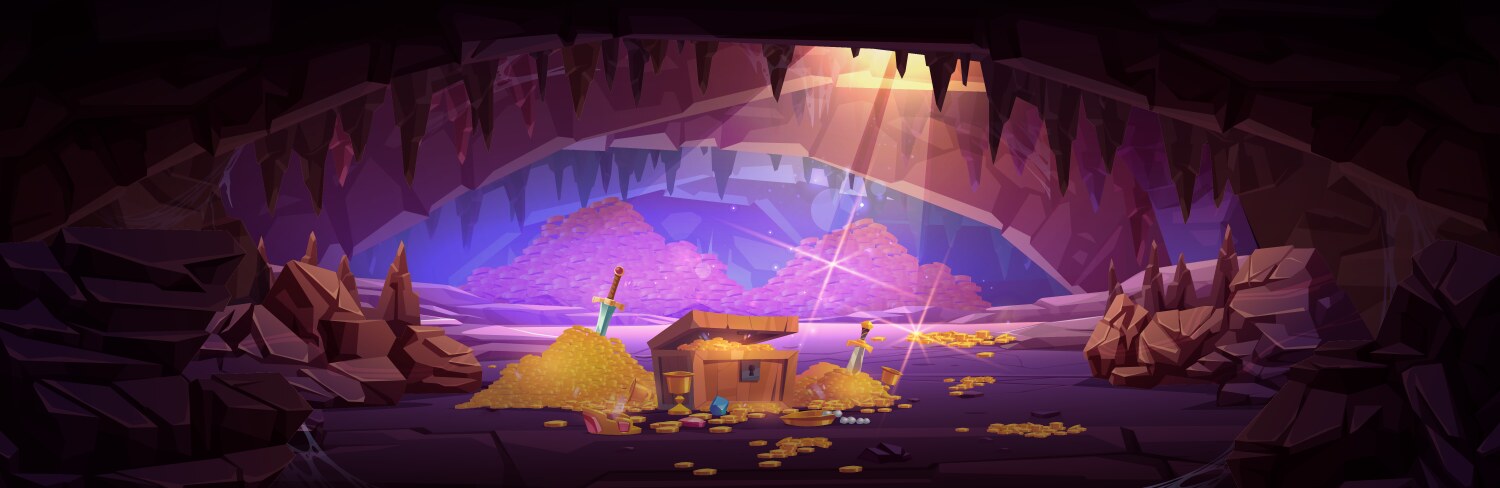 large cave with piles of gold vector