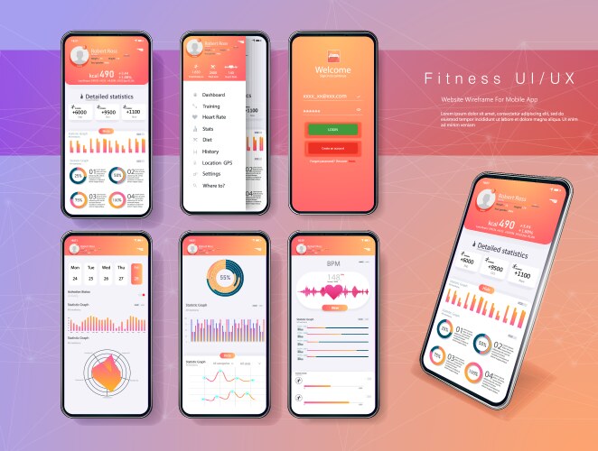 Different ui ux gui screens fitness app and flat vector image