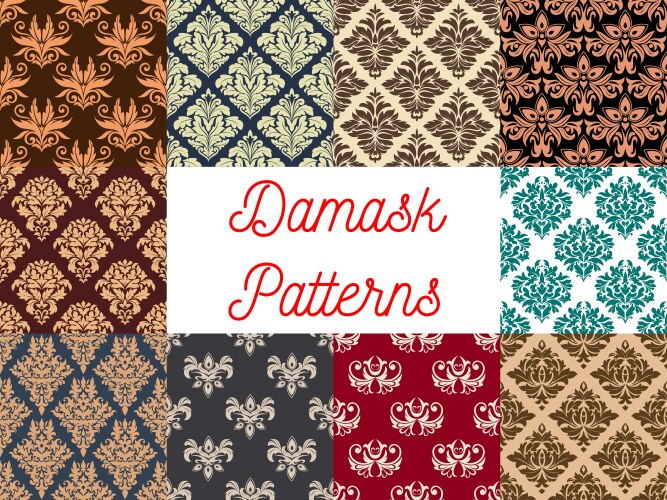 Damask seamless pattern with blue floral ornament Vector Image