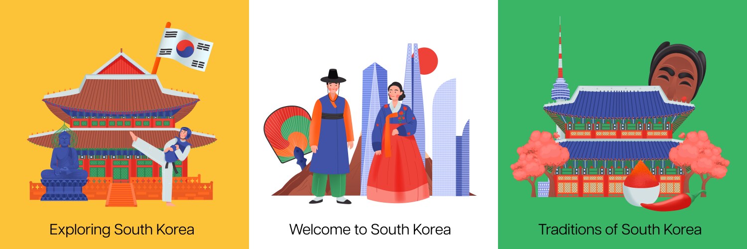 three south korea icon set vector