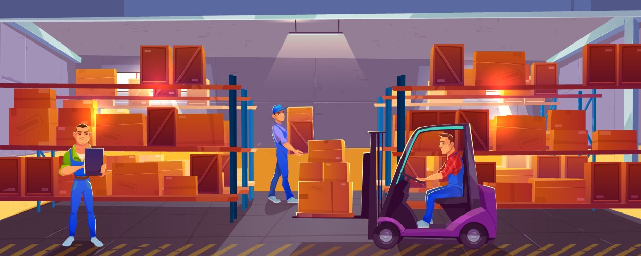 Warehouse interior with carton boxes on racks Vector Image