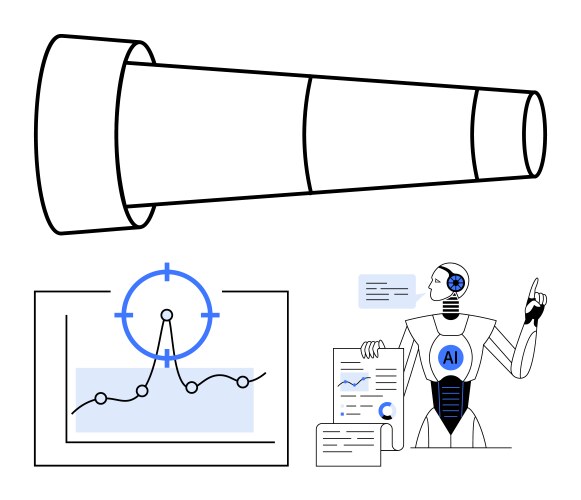 Ai robot analyzing data charts with telescope vector image